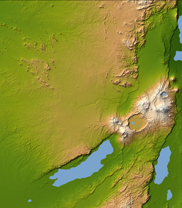 NASA satellite image of northern Tanzania (note the volcanoes).
