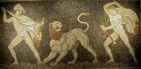 Pella. Mosaic of Alexander & Krateros hunting lions