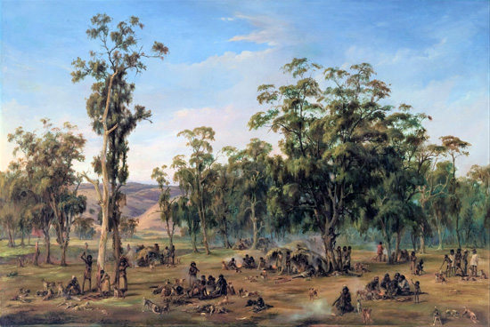 An Aboriginal encampment, near the Adelaide foothills. Alexander Schramm. 1854