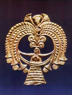 Gold Ornament from Circle A showing a goddess(?) with an elaborate floral headdress
