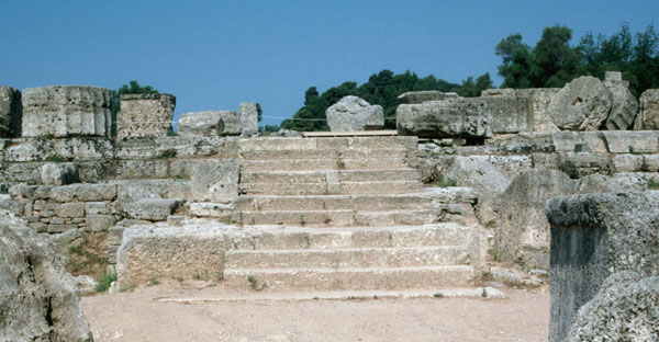 Steps leading to the porch at the east end of the Temple of Zeus at Olympia