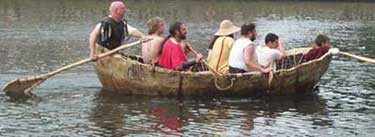 A reconstruction of a first century British Curragh (a big coracle),made of wicker work and covered with 3 cow hides. It is capable of carrying 10 people. It was being paddled on the River Great Ouse at the 2008 Bedford River Festival.