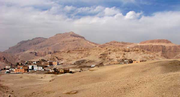 West Thebes. View of Sheikh abd el-Qurna (note the rows of private tombs in the middle distance)